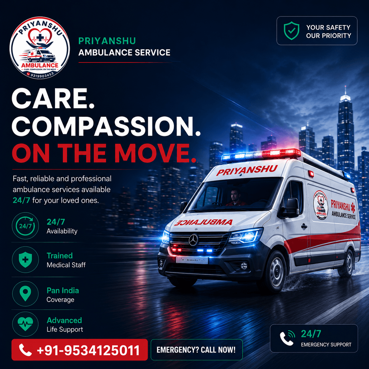 Priyanshu Ambulance Service fleet in Delhi - ICU, Ventilator and Dead Body ambulances